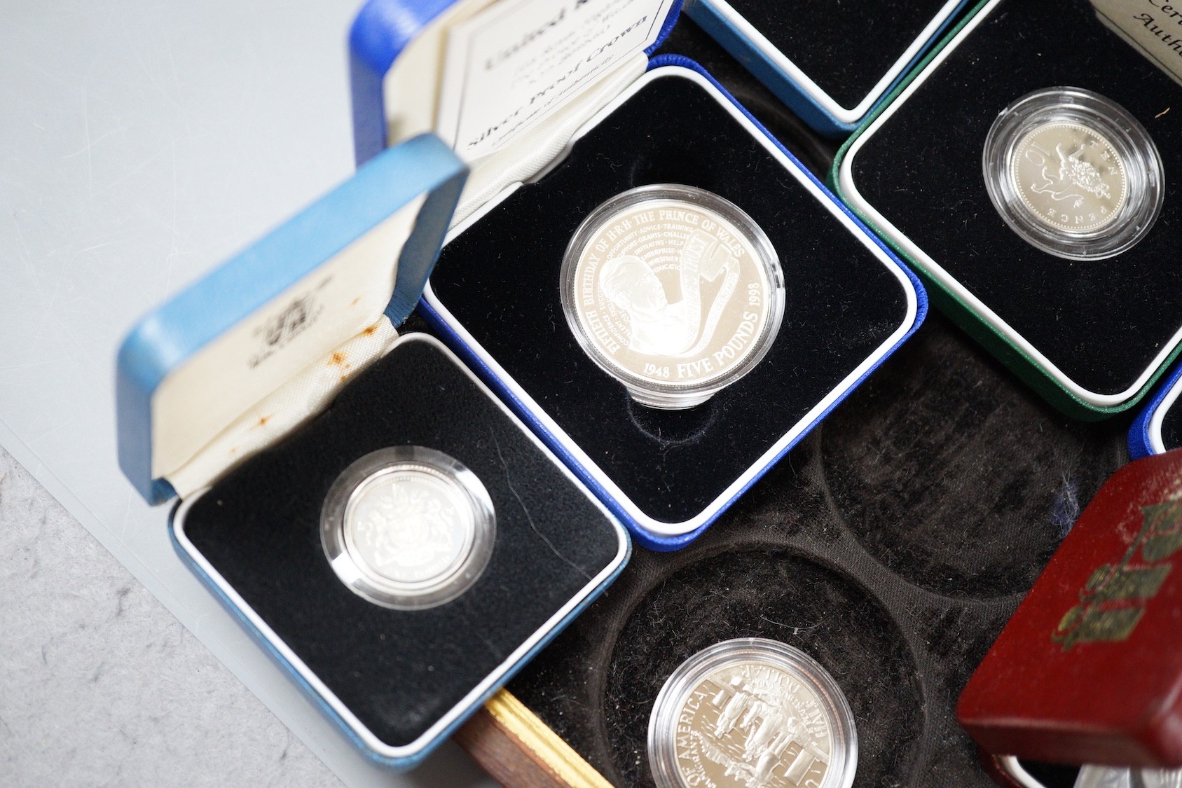 Royal mint UK silver proof coins, to include 1998 crown, 1983 £1, 1986 £1,1992 piedfort 10p coin, 2000 millennium £5, 1997 memory of Diana Princess of Wales £5 and 1981 Prince of Wales and lady Diana spencer commemorativ